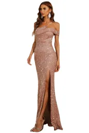 Fashion Glitter Sequins One Shoulder Dress Sexy Wrap High Split Chic Evening Party Dresses Elegant Collar Slim Long Dress