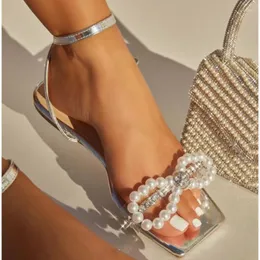 Sandaler 2022 Summer Women's With Bow Pearl Flat Heels Elegant Rhinestone Party Ladies Shoes Plus Size 42 Sandalias Mujer