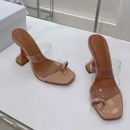 Dam Sandaler amina muaddi Klänning skor med låda gummi högklackat plattform Kristall-utsmyckad dekoration Transparent PVC KristallTransparent Vinkopp Klack