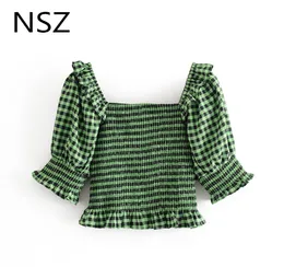 NSZ women green plaid crop top summer half sleeve cropped blouse square collar elastic ruffles corset shirt female top blusa7284704