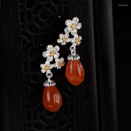 Dangle Earrings S925 Pure Silver Vintage Plum Blossom Natural South Red Agate Magnolia Temperament Lady Ear Drop Studs