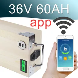 36V 60AH App Lithium Ion Electric Bike Battery Phone Control USB 2.0 Porto de bicicleta elétrica Scooter Ebike Power 3000W Wood