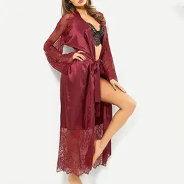 Kvinnors sömnkläder Long Robe Set Satin Kimono Plus Size Women Sexig Silk Lingerie Lace Nightgown Belt Wedding Nighedress