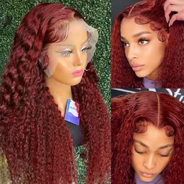 Röd färgad djup våg spets frontala peruk brasilianskt mänskligt hår 30 32 tum 99J Bourgogne Curly syntetiska peruker för kvinnor