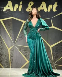 Hunter Green Pageant Prom Kleider Dubai Abendkleider Meerjungfrau Spitzen Pailletten Muslim formelles Kleid Langarm Vestidos de Gala