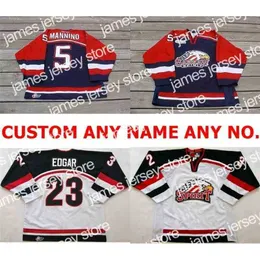 College Hockey Wears DH Personalized OHL Saginaw Spirit Jersey 5 Mannino 23 Edgar Mens Womens Kids Stitched Ice Hockey Jerseys Custom Any name NO.Goalit Cut