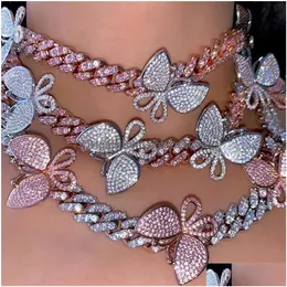 Tennis abgestufte Schmetterling kubanische Gliederketten Halsketten 12 mm Bling Strass Iced Out Anhänger Tennis Luxus Sier Gold Rosa Frauen Fa Dhszc