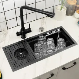 Mini Hidden black Nano 304 Stainless Steel Cup Washer Kitchen Sink Bowl Small Size Balcony Sink Bar Black Sink With Cover