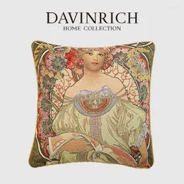 Kuddefodral Davinrich Mucha Day Dream Dekorativa kuddeöverdrag med dragkedja Weave Jacquard Sofa Pillowcase 45x45cm Vintage Girl Portrait Art