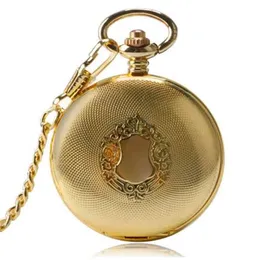 Half Hunter Luxury Exquisite Golden Royal Shield Design Pocket Watch Automatic Mechanical FOB Watches Men Women Pendant Gift238j