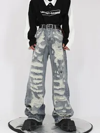 Męskie dżinsy Vintage główna ulica luźne proste 2023 spodnie szerokie nogawki amerykańska moda z dziurami męskie spodnie 2A6516