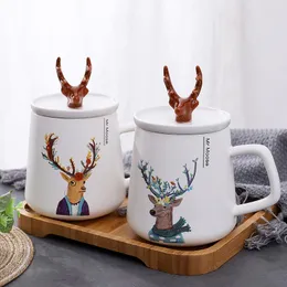 Кружки индивидуальность северной стиль творческий рога керамика мультфильма мультфильм с крышкой животные милая пара водная кофе кофе