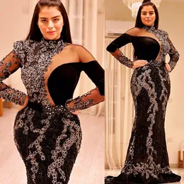 2023 Arabo Aso Ebi Black Mermaid Prom Dresses Cristalli di perline di lusso sera formale festa secondo ricevimento compleanno abiti di fidanzamento vestito ZJ230