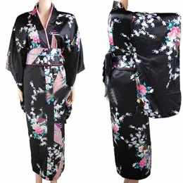 Abbigliamento etnico Arrivo Nero vintage giapponese Kimono Haori Yukata Silk Satin Abito Mujeres Quimono Peafowl One Size 238Z