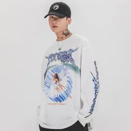 Męskie koszule T-koszulki Hip Hip Hop koszulka uliczna retro anioł nadruk harajuku tshirt luźne hiphop T-shirt ponadwymiarowe bawełniane topy długie rękaw