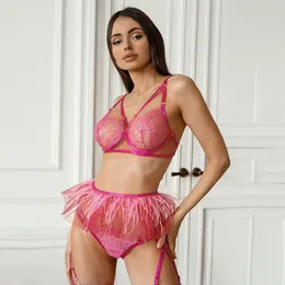 Fancy Feather Lingerie 3-Pieces Set Sensual Underwear Lace Underwire Bra Ruffle Garters Transparent Beautiful Bilizna Set