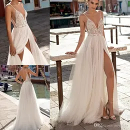 Gali Karten 2023 Beach Wedding Dresses Side Split Spaghetti Sexy Illusion Boho A-Line Wedding Dresses Pearls Backless Bohemian Bridal Gowns