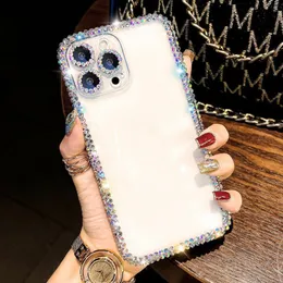 Custodie morbide in TPU con strass di cristallo di lusso per IPhone 15 14 Pro Max 13 Plus 12 11 Diamante trasparente trasparente con foro fine Protezione per obiettivo fotocamera Lady Cover posteriore mobile