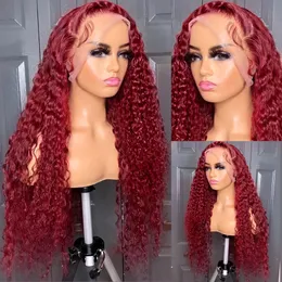 赤いレースの正面ウィッグカラー巻き巻き巻き巻き毛の女性のための人間の髪のかつらブラジル13x4深い波30インチ水波合成レースフロントウィッグ
