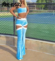 Cyber Y2K Velvet Cami And High Waist Flare Pants 2 Piece Sets 2000s Aesthetics Hollow Out Blue Coord Suits Vintage Outfits Slim W8809295