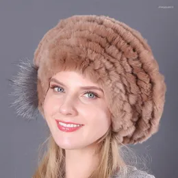 Basker ht3286 kvinnor tjocka varma vinterskallies m￶ssor h￶gkvalitativa riktiga p￤ls hatt damer stickade basker