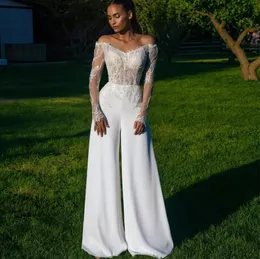 Vestido de noiva de mancha de mancha de renda A-line Vestidos de noiva com manga comprida 2023 fora de noiva dos ombros com cal￧as boho vestido de novia