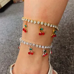 Anklets Cubic Zirconia loded Bling Tennis Foot Chain Noga dla kobiet Cherry Charm Bracelets Wedding Boho Bransoletka