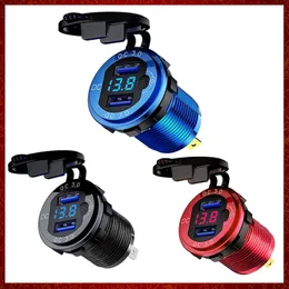 CC237 12V/24V aluminium QC3.0 Dual USB Car Charger Snabb laddning med Voltmeter Switch N0HC