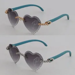 Moissanite elmas seti kadınlar için rimless ahşap güneş gözlüğü 3524012 mavi ahşap gözlükler erkek oyma açılı tniangle lens tasarımcısı kaya gözlükleri lensler boyutu 56