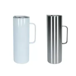 20oz Sublimation Straight Tumbler with handle skinny tumblers Stainless Steel Slim Insulated Cups Beer Coffee Mugs Rubber Bottom Metal Straws