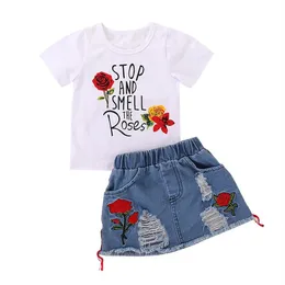 Vieoease Girls Sets Flower Kids Clothing 2021 Летняя футболка с коротким рукавом цветочная джинсовая юбка детская наряды 2 шт. CC-884268V