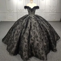 Vintage Black Gothic Quinceanera Dresses Off Shoulder Applique Floral Lace-up Corset Princess Prom Gown robes quinceanera