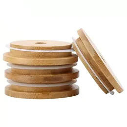 UPS Bamboo Cap Lids 70mm 86mm Tumblers Reusable Bamboo Mason Jar with Straw Hole and Silicone Seal