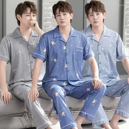 Men's Sleepwear 2022 Summer Short Sleeve Long Pants Cotton Print Pajama Sets For Men High Quality Korean Loose Pyjama Homewear Clothes