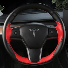 Tesla Model3用手縫い高品質の革製ステアリングホイールカバー修正インテリア
