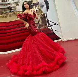 Sparkly Red Mermaid Prom Dress SEBSED V-NECK Kort ￤rm Ruffles lyxig examen Kv￤llskl￤nningar Robe de Mariage