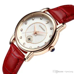 Women fashion watch calendar Quartz Wristwatch Rhinestone Red White Black leather strap girl Casual sports watches waterproof luxu269a