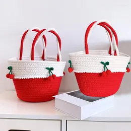 Bolsa de armazenamento Bola de verão Bola de verão Fios de algodão artesanal tecida Crochet Ladies Sweet Cherry Beach Seaside Holiday Totes Bolsa de compras de bolsa