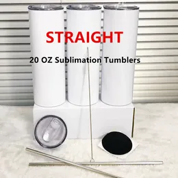 US Warehouse 20oz Sublimartion Straight Tumblers med st￥lstr￥ lock rostfritt st￥l tumbler kaffemugg sublimering blanks vatten flaska 50 cups/box ss1215