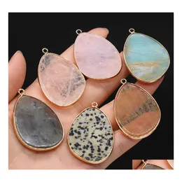 Konst och hantverk Flat Water Drop Healing Labradorite Semiprecious Amazonite Stone Charms Rose Quartz Crystal Pendant 30x45mm Sports20 Dhzua