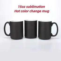 Sublimación de 15 oz Taza de cambio de color caliente Café en blanco Tazas de cerámica transferencia de calor personalizada Cerámica DIY taza de agua blanca Regalo de fiesta tazas de bebidas