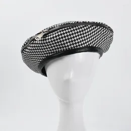 Beretti Fashion Ins Zipper Beret for Women Houndstooth Ladies Wedding Cappello Trendy in pelle alla moda pittore invernale all'aperto