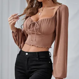 Women's T Shirts short shirt brown autumn Clothing girl Low-cut Crop Tops Draw String Long Sleeve Top Shirt Blouses Fashion Brown Femal