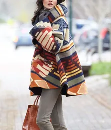 Kadın Yün Uzun Kollu Kapşonlu Ceket Baskılı Vintage Paltolar Günlük Mizaç Ceket
