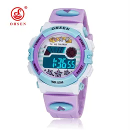 2017 New Ohsen Brand Digital LCD Children Children Sports armbandsur lila gummiband Kronograf larm Datum Tecknad flickor Watche293p