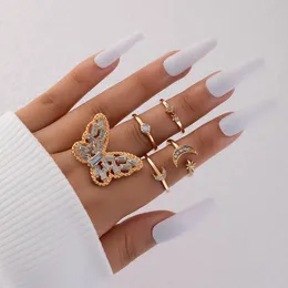 Luxury Big Farterfly Joint Ring Set Ins Trendy Moon Star Gold Color Alloy Metal Wedding Ring for Women Jewelry