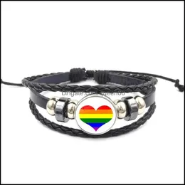 Pulseras con dijes Rainbow Sign Lgbt Bracelet 18Mm Ginger Snap Button para hombres Gay Mujeres Lesbianas Cuerda de cuero Joyería de moda Regalo Drop D Otwhj