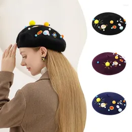 Berets OMEA Woolen Beret Women Japanese Cute The Galaxy Star Cartoon Painter Hat Embroidery Three-dimensional Pompon Wool Cap Kawaii