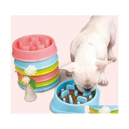 Dog Bowls Feeders Plastic Pet Feeder Anti Choke Bowl Puppy Cat Slow Down Eatting Healthy Diet Dish Jungle Design Pink Blu Homefavor Dhzvb