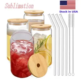US Warehouse 2 Days Delivery 16oz mug straight blank sublimation frosted clear Transparent coffee glass cup tumblers with bamboo lid and straw ss1215